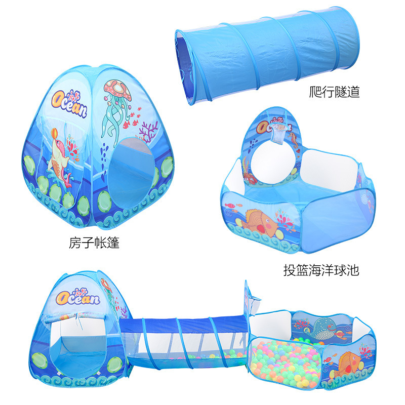 Set de tres piezas de tienda de campaña con temática oceánica, set de túnel y piscina de bolas plegable, casa de juegos para interior y exterior, valla de juegos para niños, plegable.