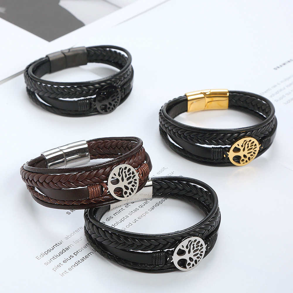 Bangle Classification 304 Stainless Steel, Leather Rope Chain Material Punk Round Stainless Steel Titanium Steel Braid Men's Bangle