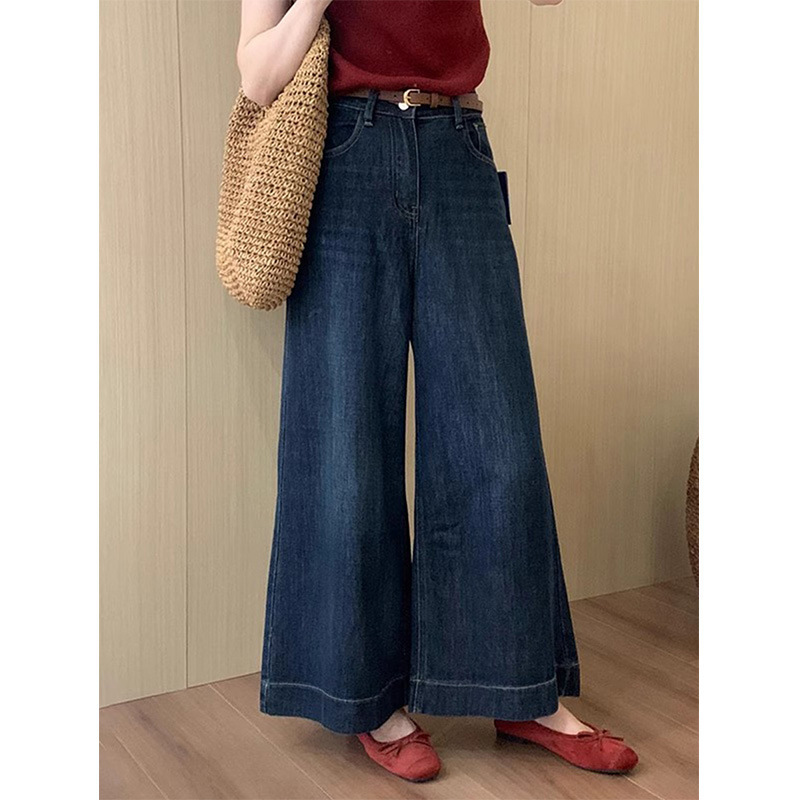 Hong Kong Style dark blue High Waist Horn Cropped Jeans Women's 2025 Autumn Small Loose Slim Wide Leg Pants