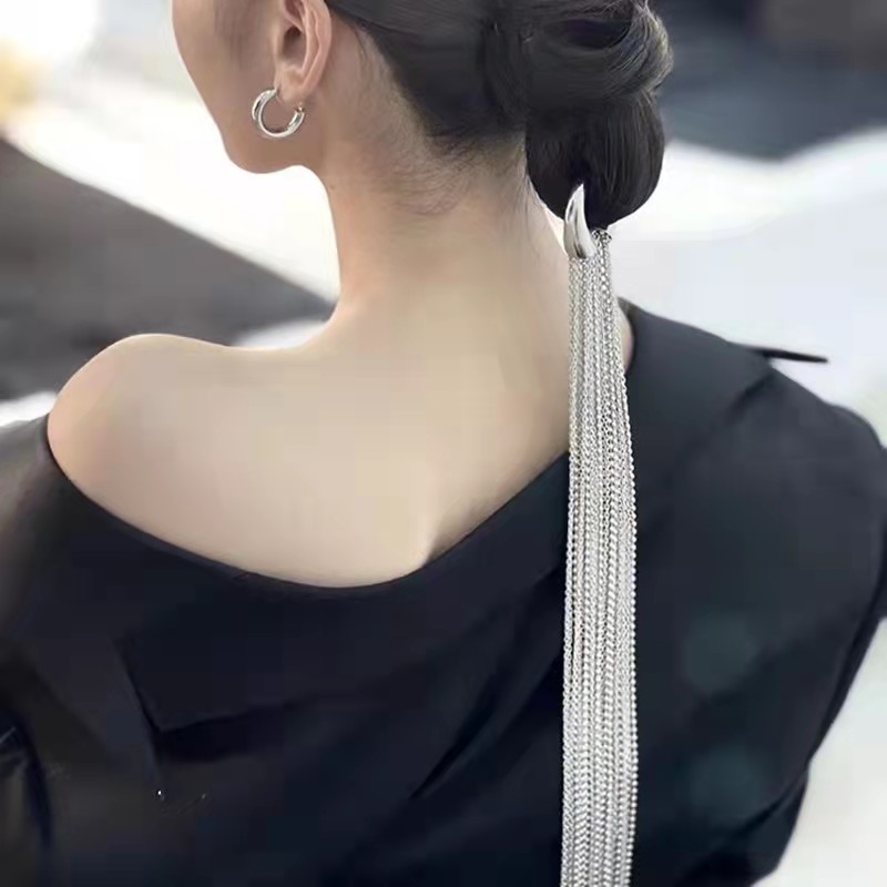ins niche high-end sense ultra-long fringe hair accessory internet celebrity European and American new exaggerated temperament back of the head bride's headgear 