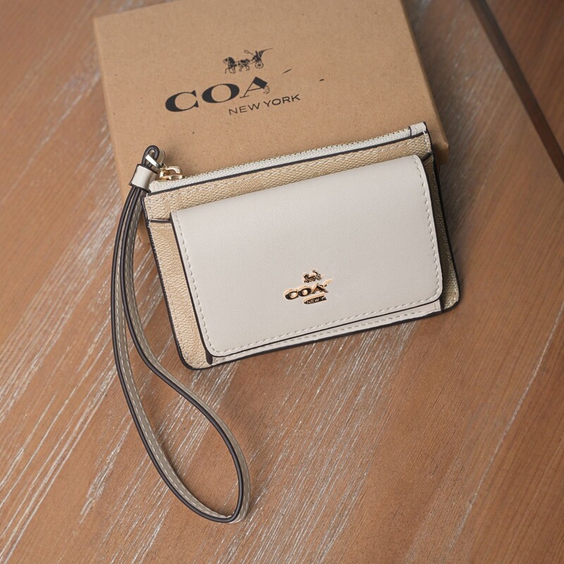 Women's Wristlet Card Holder with Monogram Zipper Closure, Pvc and Split Leather Card Holder Wallet in Saddle Brown for Women