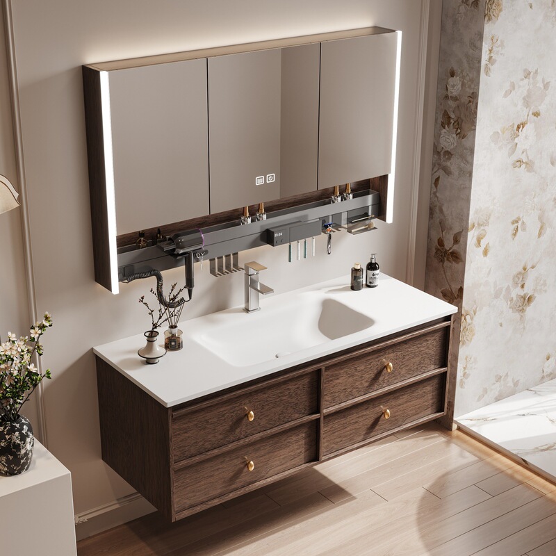 Medieval-Style Honeycomb Aluminum Bathroom Cabinet Set with Deep Integrated Ceramic Washbasin, Walnut-Colored Washbasin Cabinet, Customizable Medieval-Style Honeycomb Aluminum Bathroom Cabinet Set with Deep Integrated Ceramic Washbasin, Walnut-Colored Washbasin Cabinet, Customizable