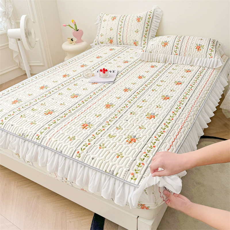 Летний латексный коврик из ледяного шелка, покрывало из трех частей, кружевное цельное покрывало, нескользящий фиксированный защитный чехол для матраса