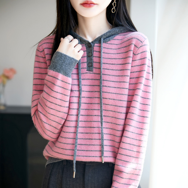 秋冬新款100纯羊毛衫女连帽套头针织打底衫上衣条纹宽松女装毛衣|undefined