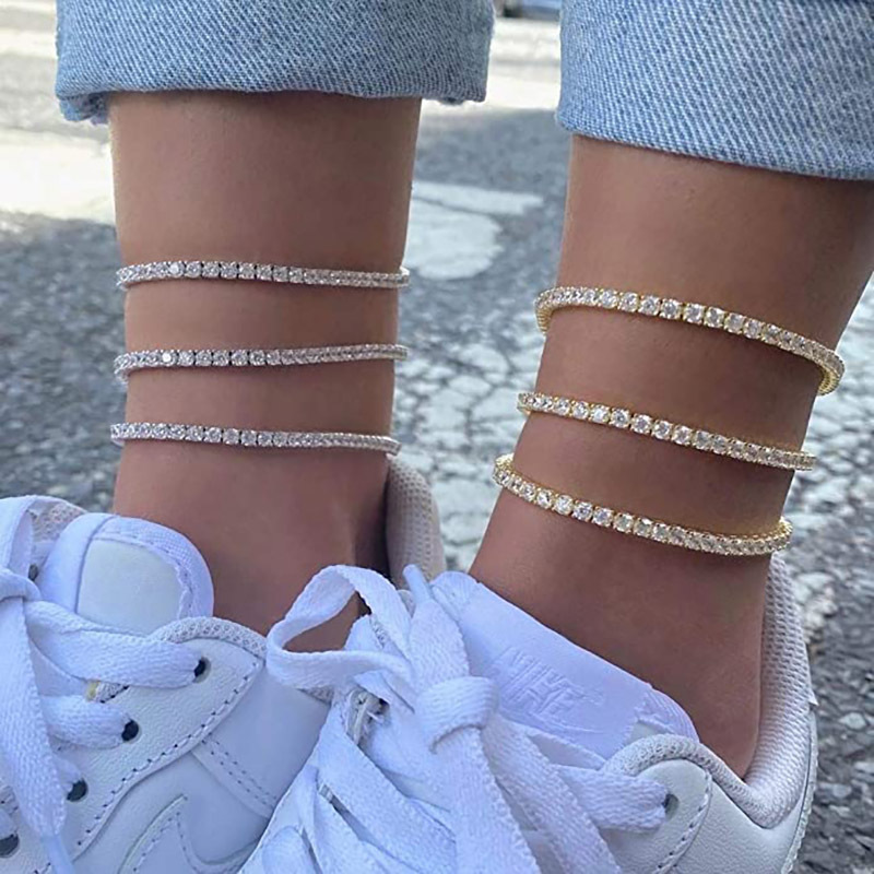 Cross-Border Popular Zircon Anklet for Women, European and American Trendy Niche Light Luxury Full Diamond-Plated Real Gold Tennis Chain for Fashionistas