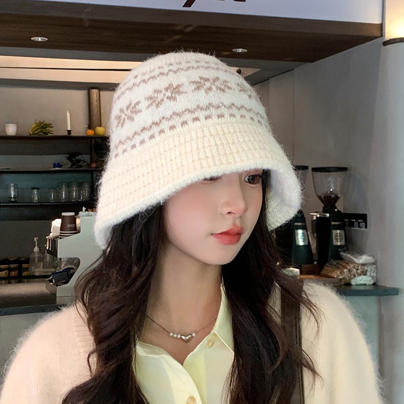 秋冬日系复古渔夫帽子女雪花针织盆帽加厚保暖百搭显脸小毛线帽潮|undefined