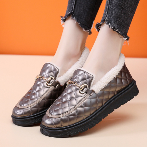 Thick-soled small fragrant winter women's shallow-mouthed cotton shoes, Korean version, versatile, thickened, warm, fashionable leather-covered cotton shoes, waterproof large cotton shoes