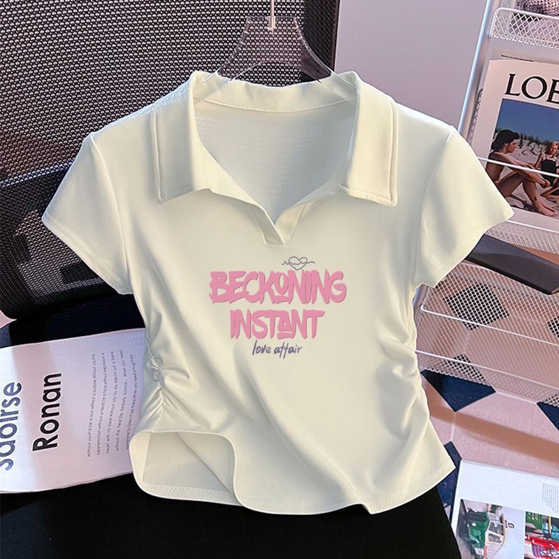 Casual Printed Short-Sleeved 2026 New Style Curved Hem T-Shirt for Women, Summer Slim Fit, Slimming Design, Niche Top
