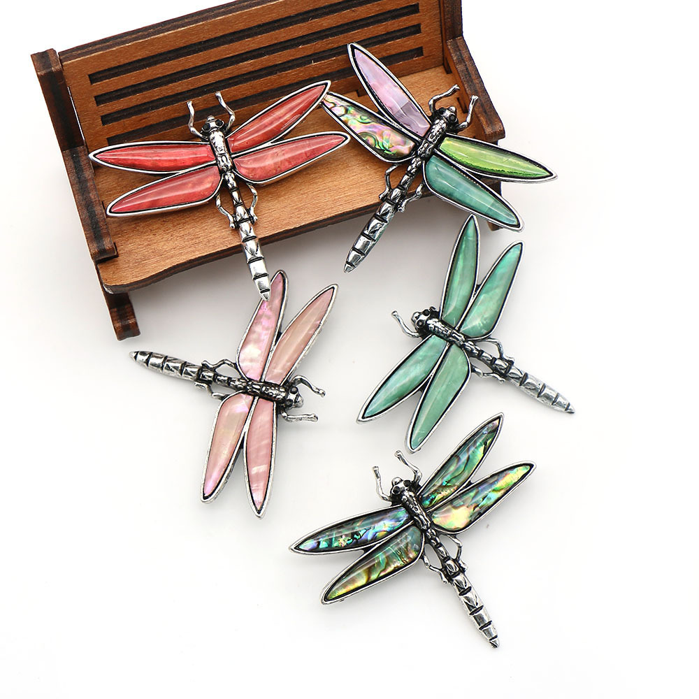 Natural Shell Dragonfly Shape Dual-Purpose Brooch Color Shell Zinc Alloy Insect Necklace Pendant DIY Jewelry Accessories