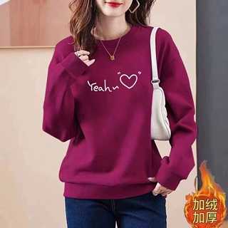 圆领秋冬加绒加厚卫衣女新款宽松显瘦打底衫韩版保暖女装