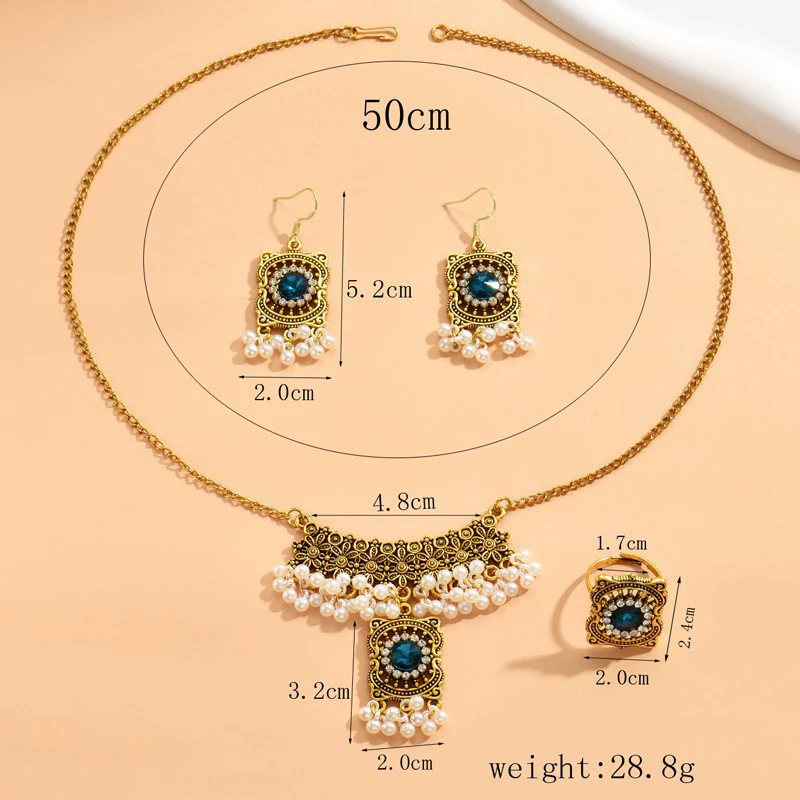 Ethnic fashionable retro necklace from pearl with tassels, earrings, ring, set, boho style, ethnic style, with gem
