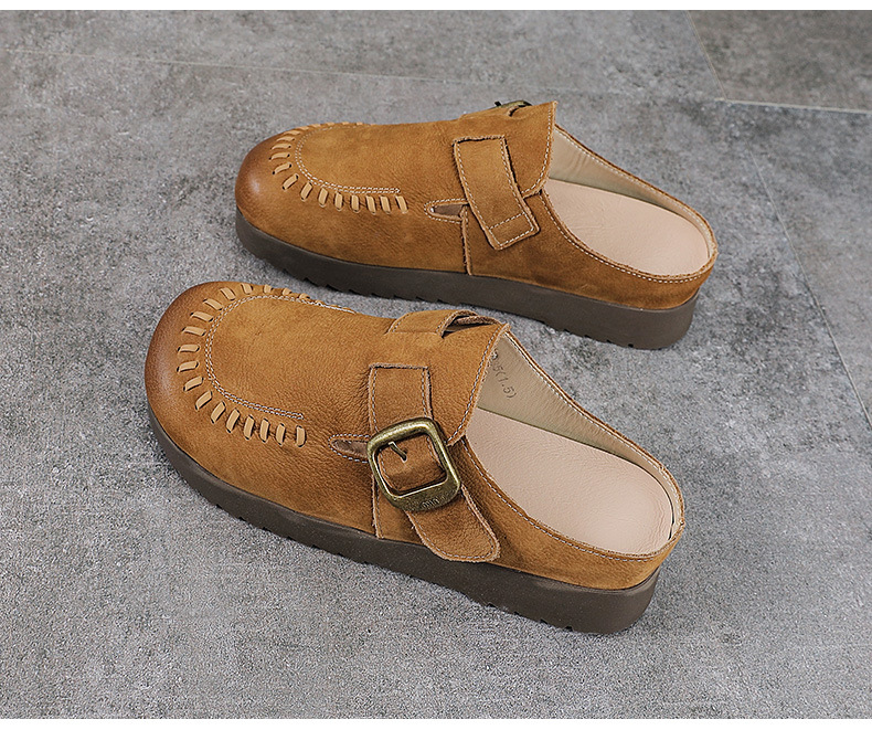 Dép sandal nữ bít mũi đế bệt da thật mềm mại form tròn — màu kaki chi tiết 14