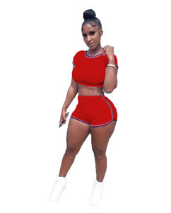 product - wholesale Women Clothing Solid Color Cotton Fabric Ribbon Sports Slim-Fitting Shorts Two-Piece Set - 2