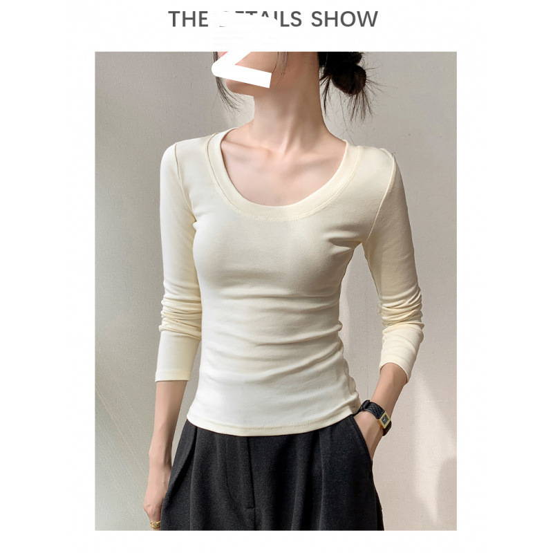 U-neck Long-sleeved T-shirt Women's 2025 Early Autumn New Solid Color Shoulder Suit Inner Top Slim-fit Base Shirt