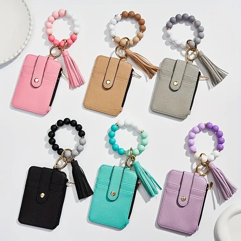 in stock Silicone Bead Bracelet Card Holder Fashionable Wooden Bead Handstring Key Pendant Silicone Bead Keychain Small Change Card Holder