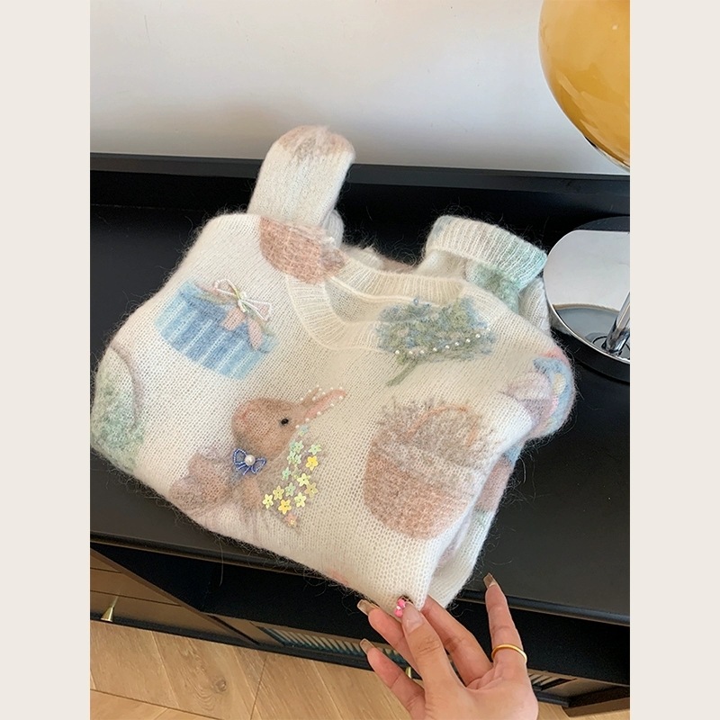 现货重工钉珠星星蝴蝶结马海毛慵懒风高级感宽松针织衫上衣女外穿