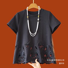 厂家直销黑色新中式镂空刺绣棉短袖女士T恤夏季百搭圆领国风宽松