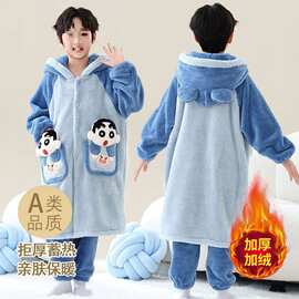 A类珊瑚绒新款男童睡衣秋冬季加绒加厚睡袍套装中长款卡通家居服