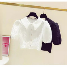 夏季新款时尚百搭泡泡袖翻领收腰短款衬衣女高腰短袖雪纺上衣