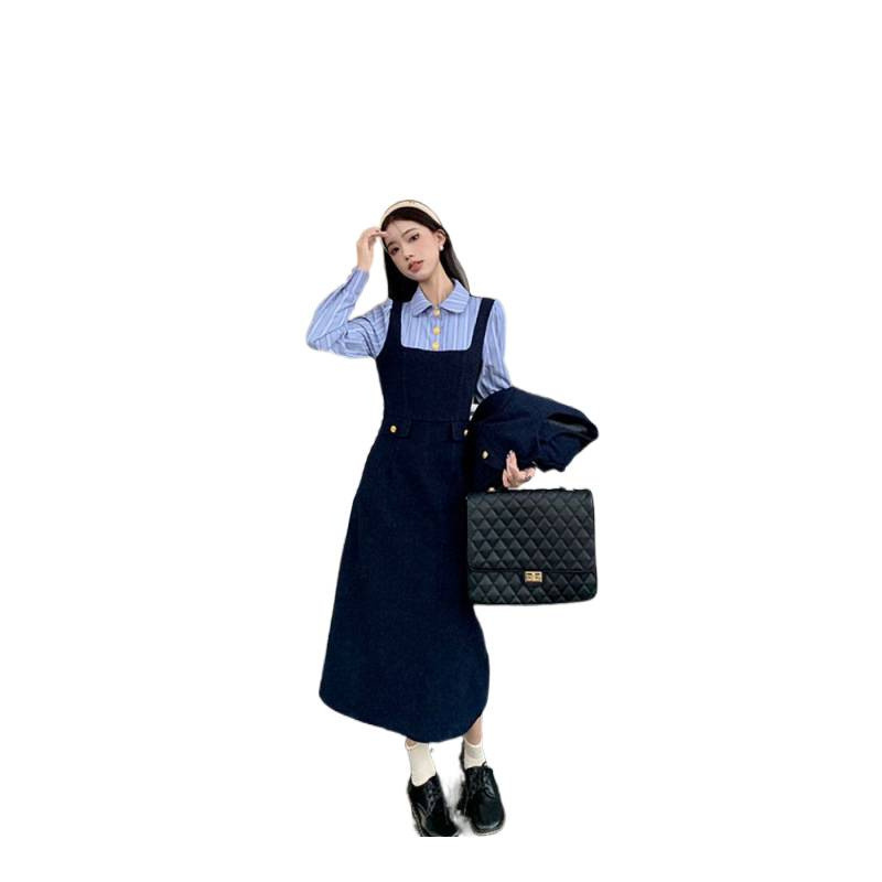 uj法式小香风长袖外套条纹拼接连衣裙女秋冬新款时尚两件套sd|undefined
