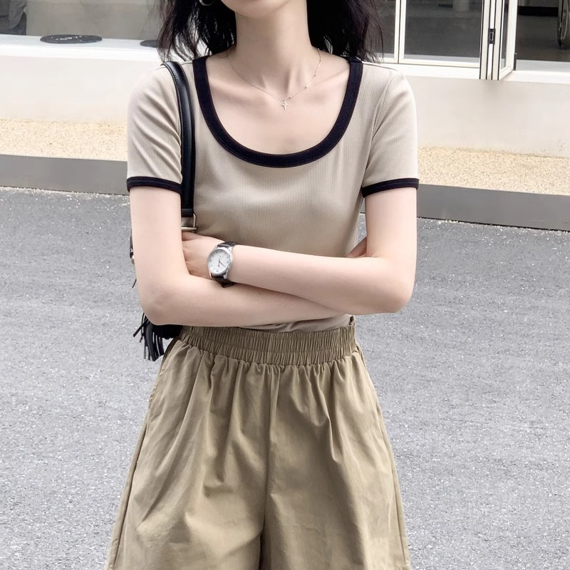 2025 New Style Color-Blocked U-Neck Short-Sleeve T-Shirt for Women, Summer Plus-Size Slim-Fit Short Top, Simple Inner Wear