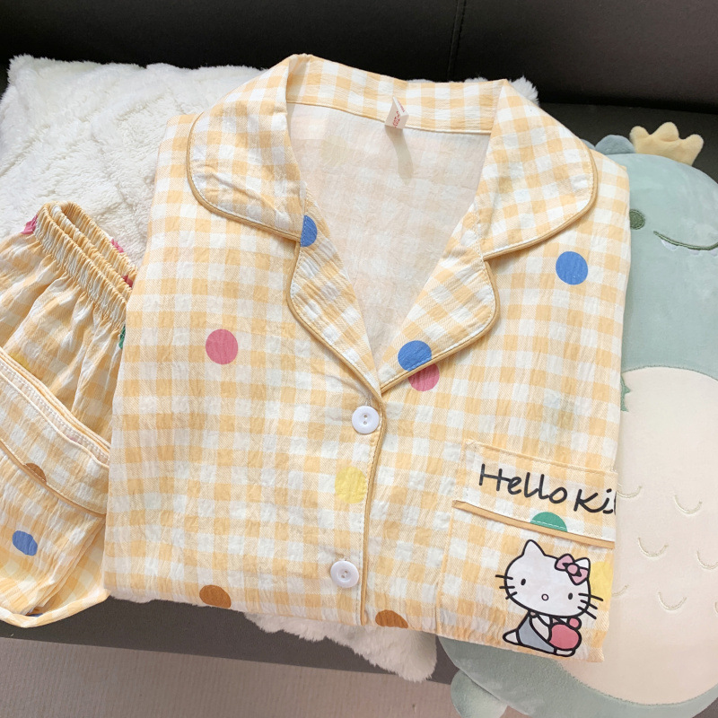 Yellow Polka Dot Kt Cat Long-Sleeve Long-Pants Pajama Set for Women, Spring and Autumn Loungewear, Can Be Worn Outside, Two-Piece, Girly Style, Thin Version