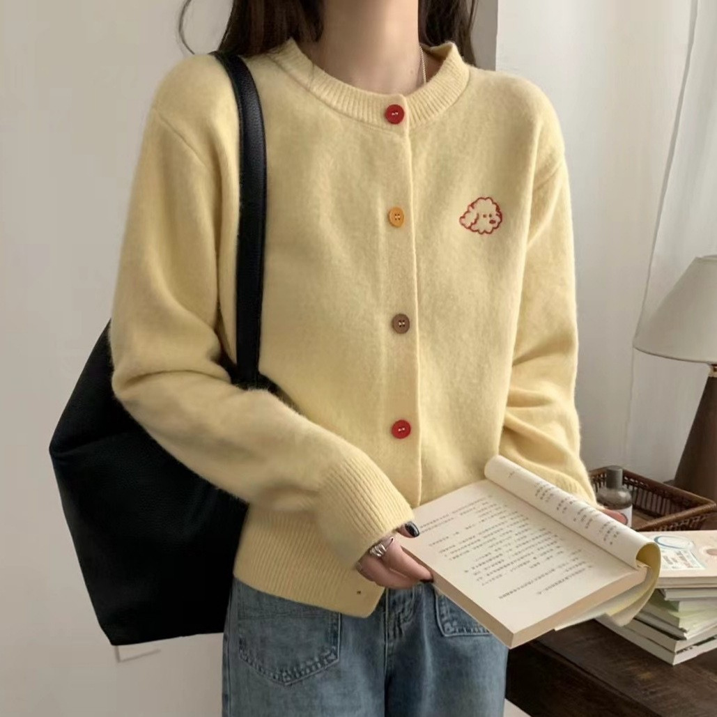 Puppy Embroidered Colorful Button Round Neck Knitted Cardigan for Women Gentle Retro Age Reduction 2025 Spring Autumn Winter Sweater Korean New Style