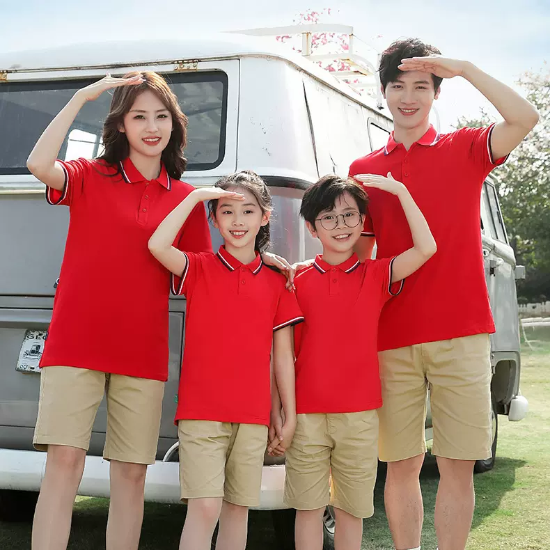 老师工作服刺绣校服儿童翻领纯棉POLO衫色织领短袖亲子装印制印字