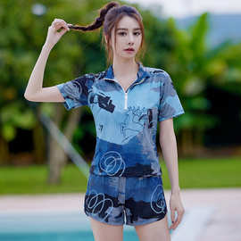 大码泳衣女运动分体三件套胖mm遮肚显瘦宽松罩衫保守平角裤游泳装