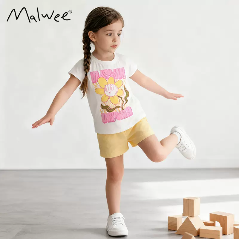 跨境malwee女童套装夏装新款可爱小女孩圆领T恤欧美中小童两件套