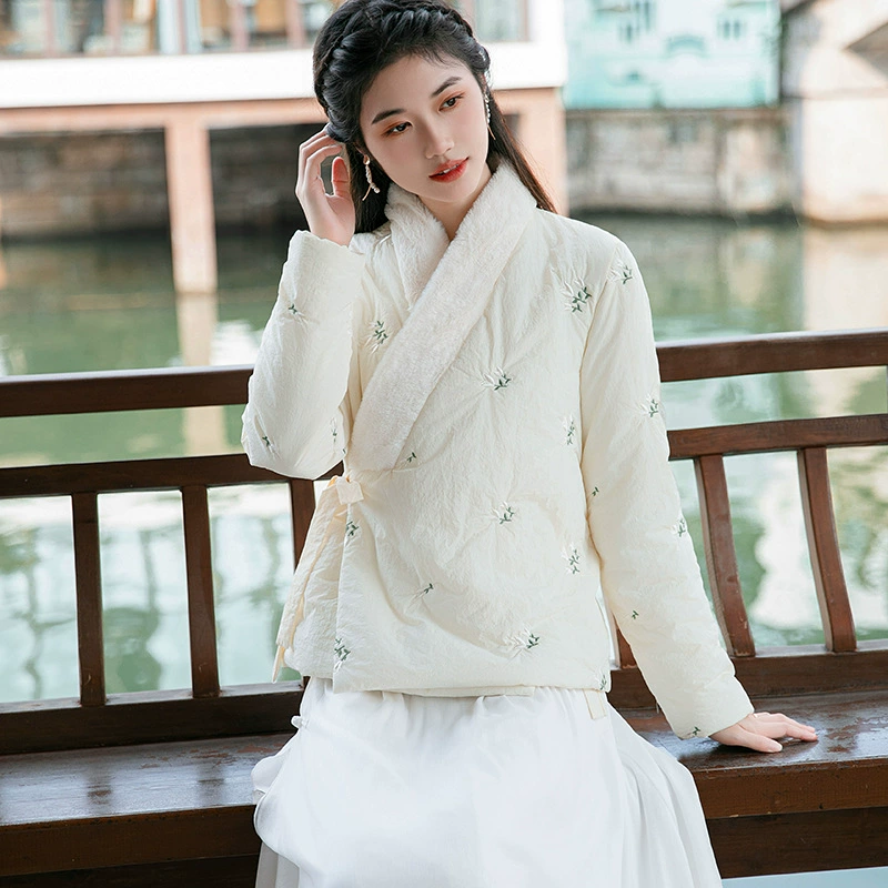 2023 Новая пуховая куртка в китайском стиле с хлопковой подкладкой, короткая абрикосовая Улучшенная куртка Hanfu с вышивкой и V-образным вырезом на шнуровке