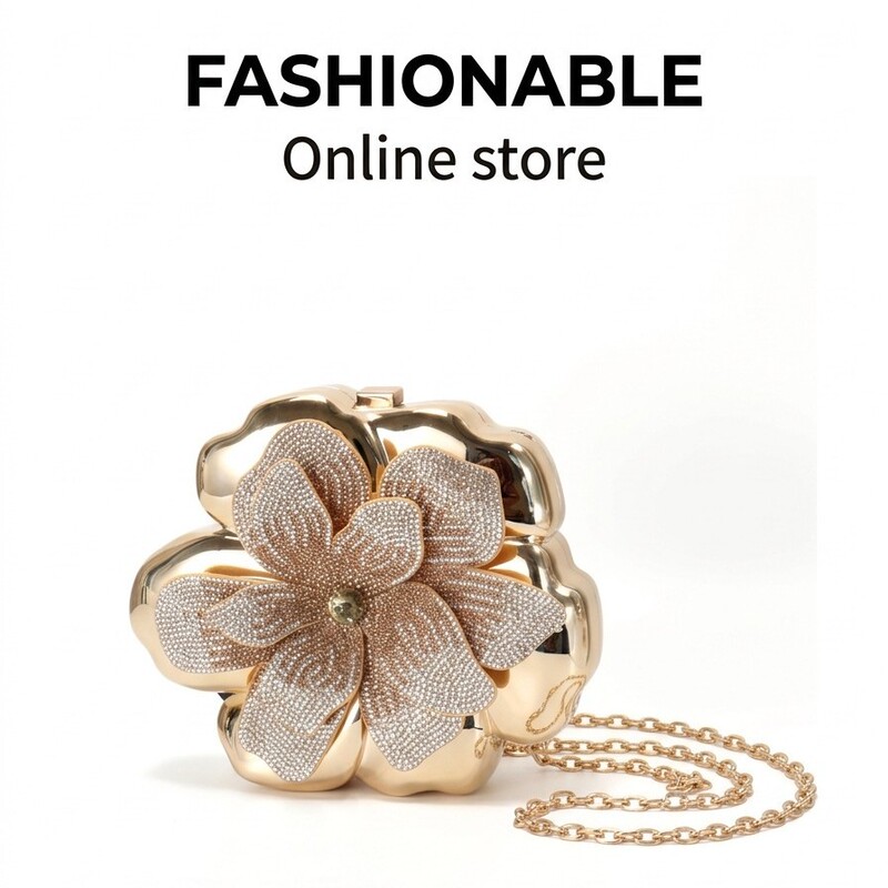 2026 New Model Three-Dimensional Floral Evening Clutch for Women, Diamond-Encrusted Metallic Texture Party Clutch, Niche Design with Chain