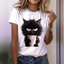 2024亚马逊夏季短袖女T恤卡通猫咪印花欧美跨境外贸女装一件直发