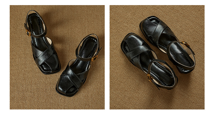 Sandal nữ da bò kiểu Pháp đế mềm thấp gót đi làm mùa hè — đen chi tiết 16
