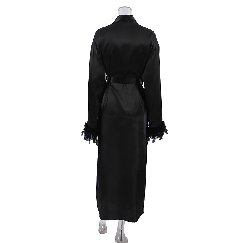 Autumn 2024 New Black Feather Cardigan Long Nightgown Loose and Comfortable Colored Ding Women's Home Fury_voghion.com