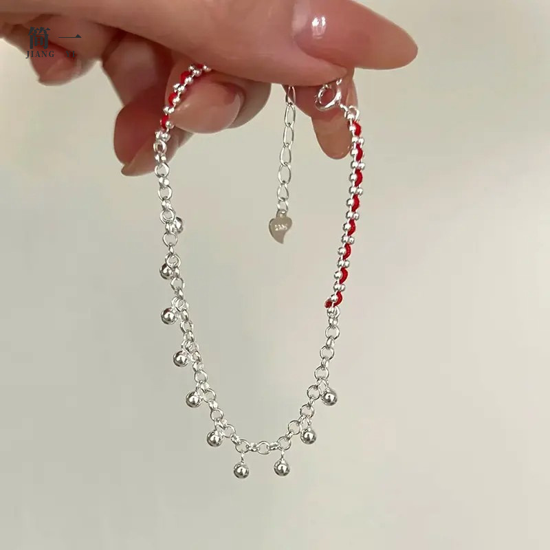 Korean Version S925 Sterling Silver Round Bead Pull-Out Red Rope Bracelet for Women Ins Niche Design Simple and Versatile Small Silver Ball Bracelet