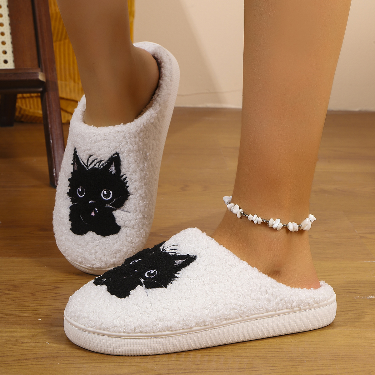 Explosiones transfronterizas Gato negro invierno casero zapatillas de algodón de hombre espesa esponjosa mujer interior antideslizante no olor a pies