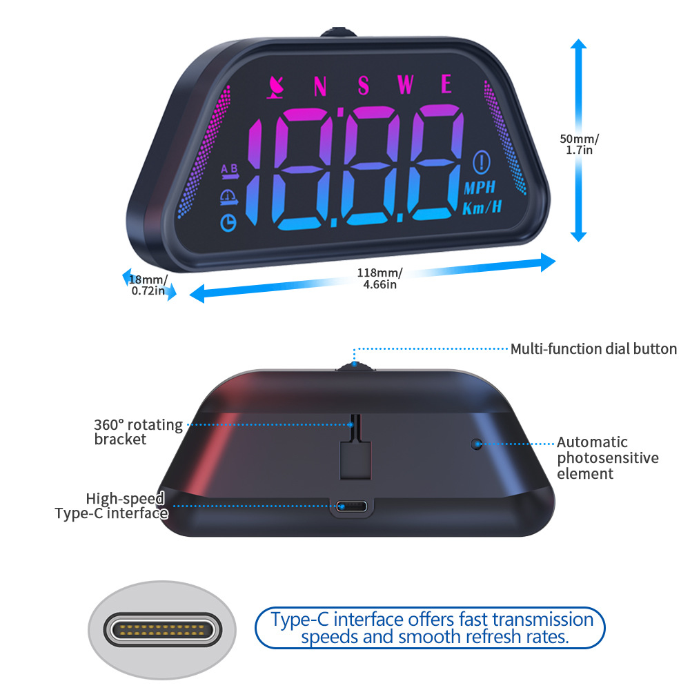 G23 Car-Mounted Hud Head-Up Display Universal for Cars with Beidou Gps, Altitude, Date, Speedometer, High-Definition Display