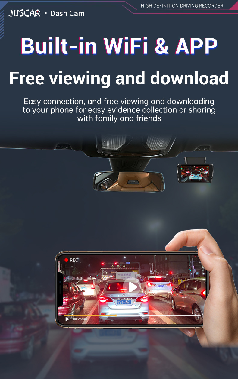 Driving Recorder with Wifi Connectivity, Dual Recording of Front and Rear Vehicles, 24-Hour Parking Monitoring, Night Vision, Reversing Images