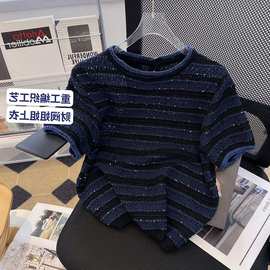 2025夏季新款圆领拼接手工钩针编织小香风针织上衣夏