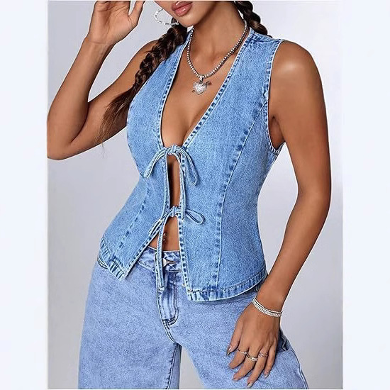 2026 New Cross-Border European and American Fashion Slim-Fit Washed Denim Lace-Up Women's Denim Vest Top for Women 2026 New Cross-Border European and American Fashion Slim-Fit Washed Denim Lace-Up Women's Denim Vest Top for Women