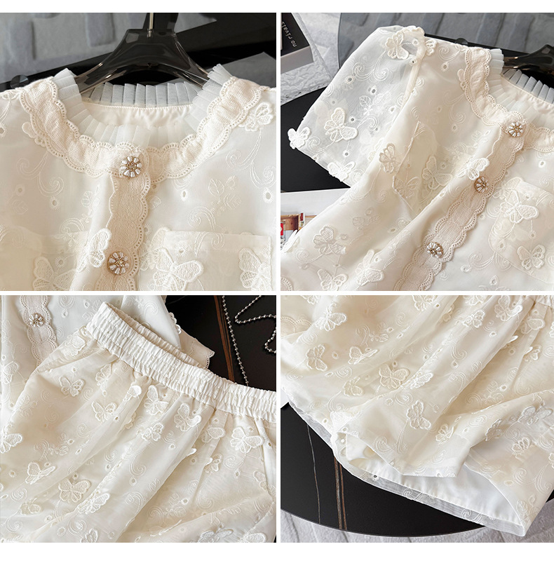 Vêtements pour femmes, petit style, tempérament, costume féminin, nouveau design d'été, haut brodé en jacquard, short à jambes larges, costume deux pièces_voghion.com