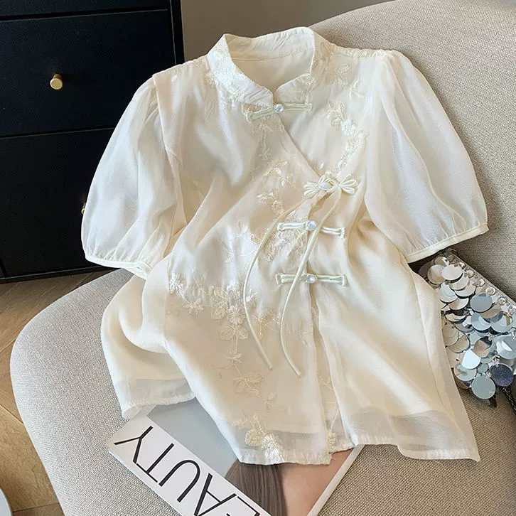 Женская рубашка на пуговицах с вышитым воротником-стойкой в ​​китайском стиле, новый летний модный модный шифоновый топ в китайском стиле с короткими рукавами, уменьшающий возраст