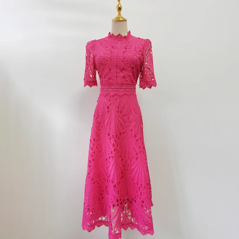 Cross-Border Export Women's Clothing 2025 Summer New Style Palace Style French Retro Cut Out Lace Dress Mid-Length Skirt