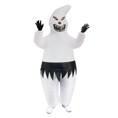 White chicken, pumpkin, faceless male alien, black ghost hugging man with ribs, polar bear, Halloween props, white ghost inflatable suit