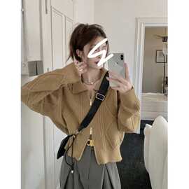 美式复古设计感双头拉链长袖针织开衫女春秋季新款短款毛衣外套潮