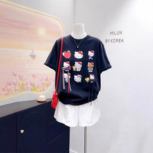 2025夏季新款韩国大东门卡通kt猫印花蝴蝶结200斤胖mm大码短袖T恤