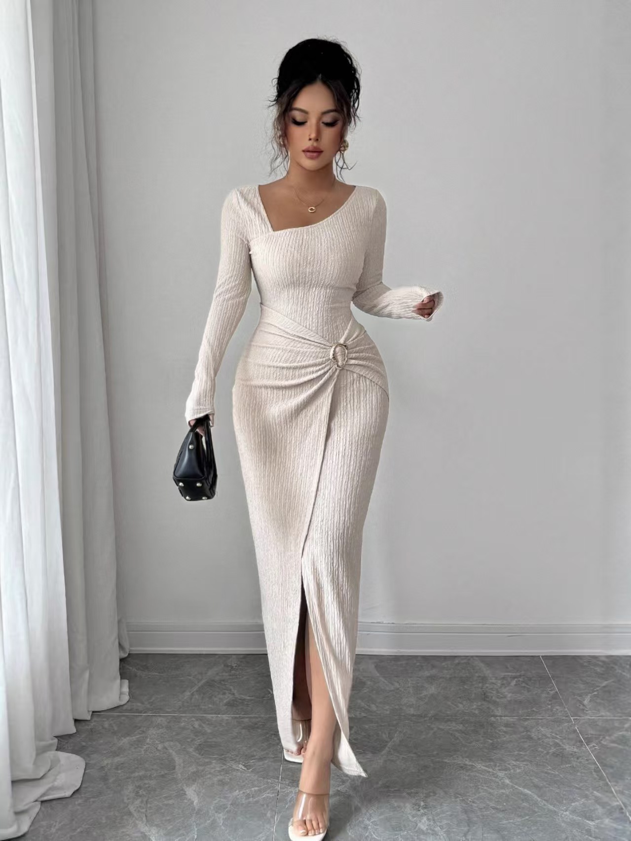 Solid color fashionable asymmetrical long skirt