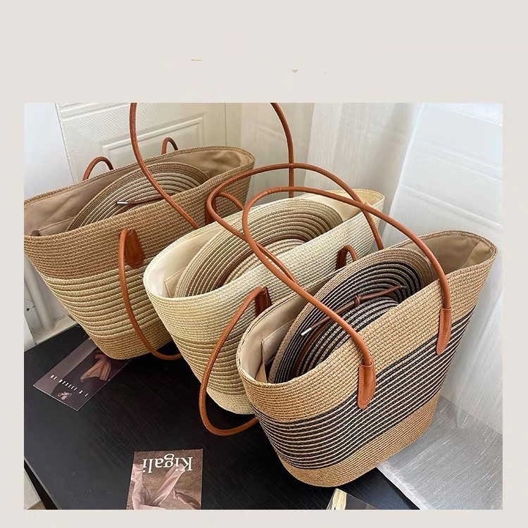 New Summer Striped Single Shoulder Commuting Straw Woven Bag, New Large Capacity Casual And Fashionable Women's Beach Tote Bag_voghion.com
