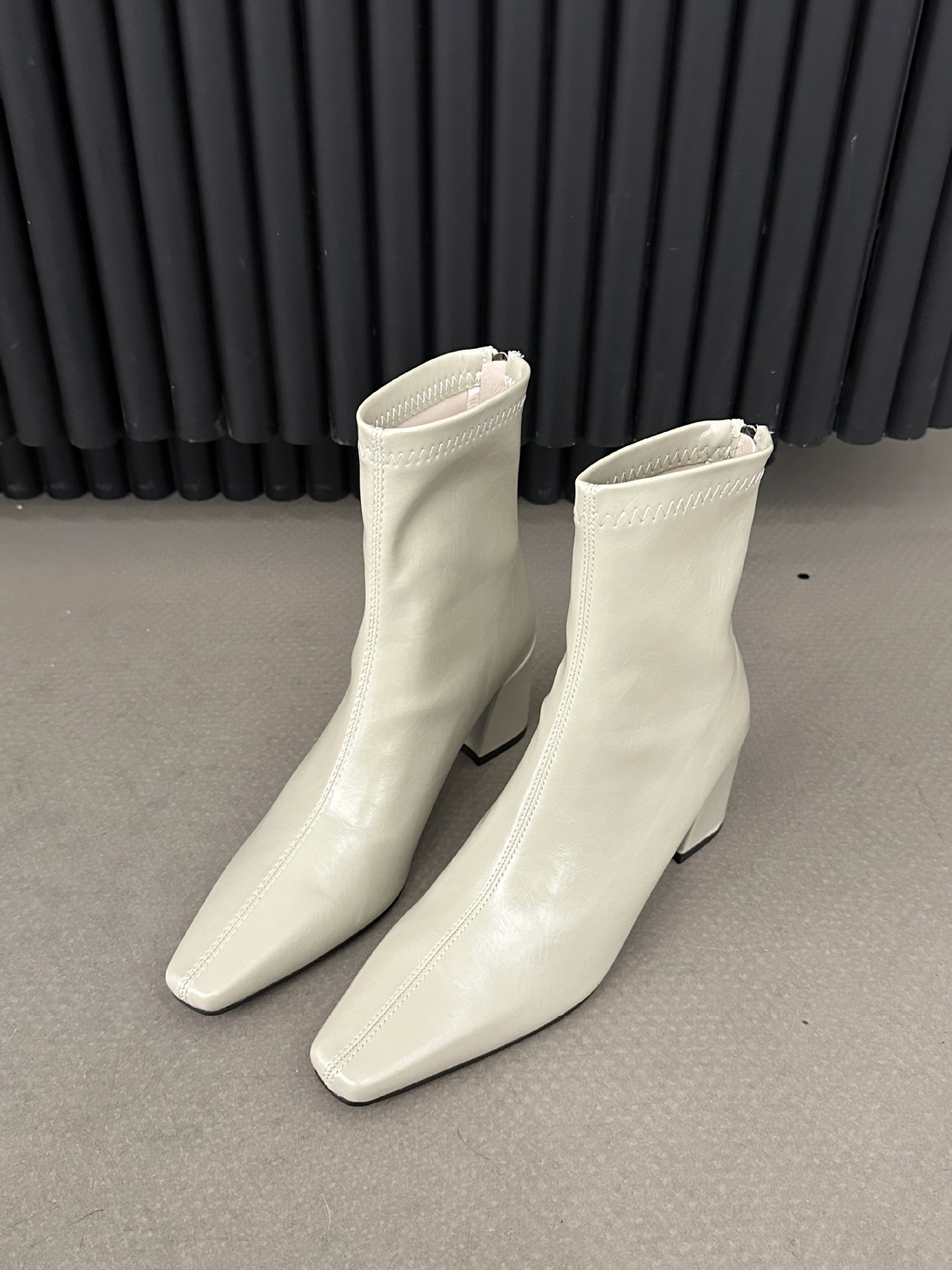 ShoeVault Korean Style Minimalist Soft Leather Stretch Slim Bare Square Toe Chunky High Heel Short Slimming Height Increasing_vogvips.com